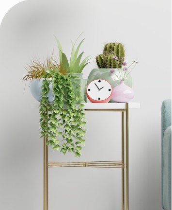Succulents and trailing plant on a brass side table with a small clock