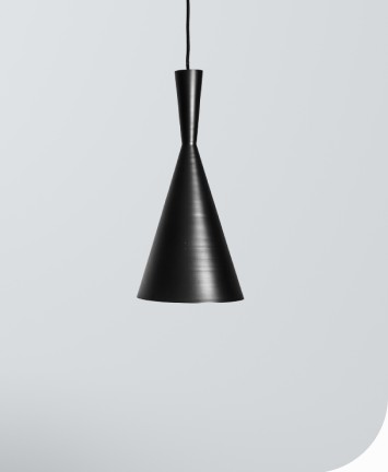 Black cone pendant lamp against a light grey wall